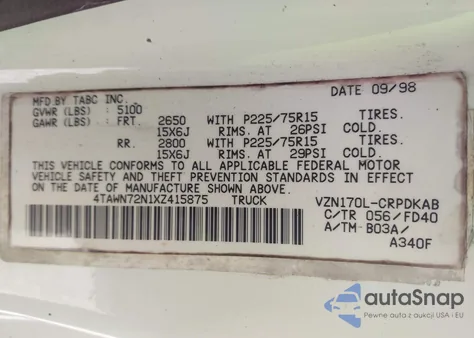 1999 Toyota Tacoma z USA, uszkodzony, nr VIN 4TAWN72N1XZ415875